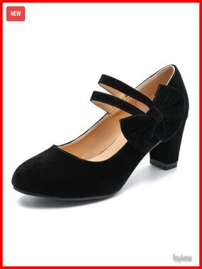 Mary Jane Heels with Bow Low Chunky Block Double Ankle Strap Pumps